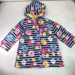 Gymboree Girls‎ XS 4 Raincoat Blue Striped Floral Hooded Rain Jacket Kids